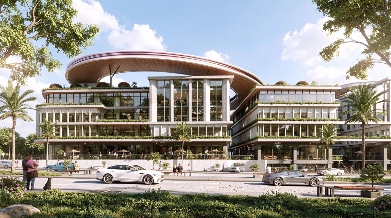The Residence, New Cairo — final Octarine Studio visual of the floating circular canopy and planted terraces